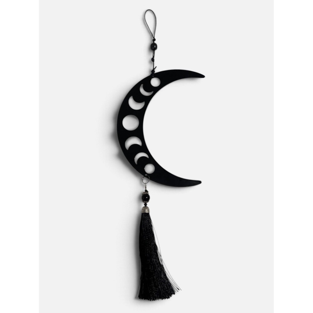 Black Metal Geometric Crescent Moon Wall Hanging with Black Tassel Boho Decor